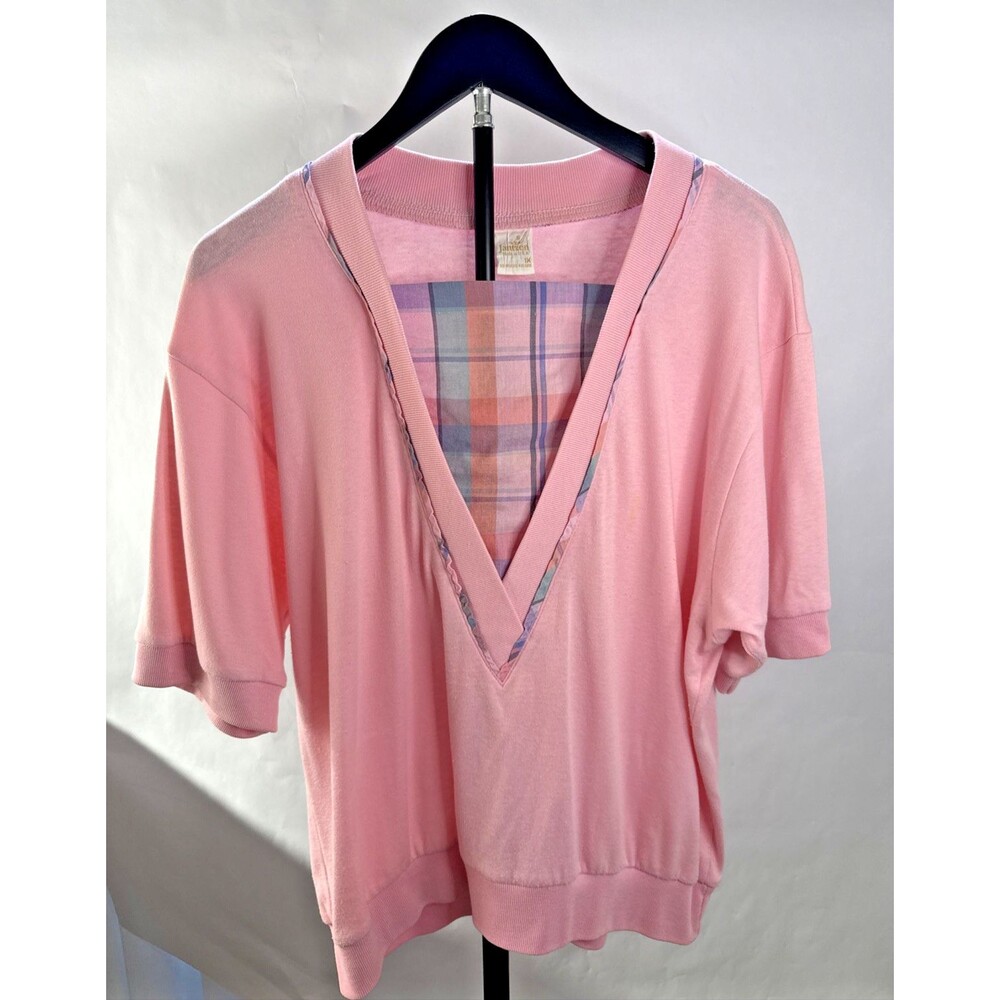 Jantzen Pink Short Sleeve Sweater Top 1X Plaid Trim V Neck Plus Size Knit